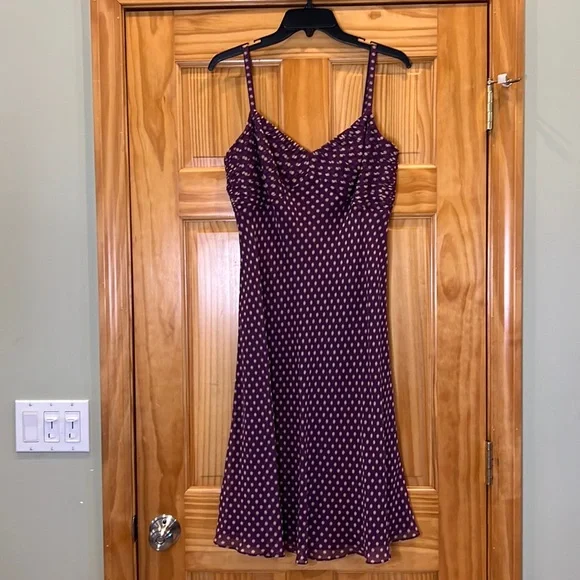 Ann Taylor | Dresses | Ann Taylor Plum Tan Abstract Dot Pattern 0 Silk Below  The Knee Midi Dress | Poshmark